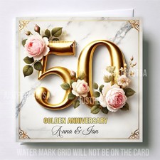 50th Golden Wedding Anniversary Card Personalised with Printed Number & Flowers