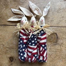 PRIMITIVE Folk Art Patriotic Cloth Bunnies Set of 3 Americana 4th of July Decor