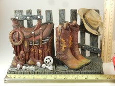 Vintage Western COWBOY BOOKENDS Saddle Blanket Lariat Stetson Boots Spurs Badge