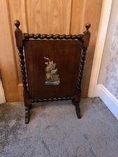 Antique Edwardian Wooden Oak Barley Twist Carved Frame Ship Fire Guard Screen