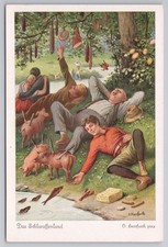 c1930s Schlaraffenland Roast Pigs Food on Trees Comic Postcard O Herrfurth