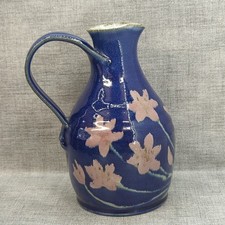 Vintage Desmond Maurice Pottery Clover Studio Art Vase Jug Blue Peach Floral 