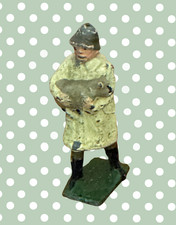 Vintage British Farmer Carrying Grey Sheep in Beige Raincoat 1920s Britains Ltd