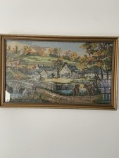 Needle Craft Cross Stitch Vintage Country Scene Framed Picture 66cmx41cm