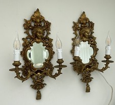 Pair Of Vintage Italian Brass Girandole Mirror With Double Lights
