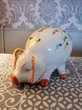 Vintage Piggy Bank Large Hand Painted Flowers Ceramic
