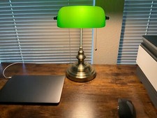Green Traditional Banker Desk Lamp Pull Chain Switch Glass Light Satin Brass