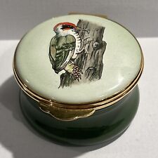 Vintage TKS Toye Kenning &Spencer Enamel Trinket Pill Box Green Woodpecker Bird