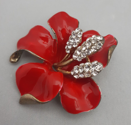 Brooch red enamel hibiscus - brooch,