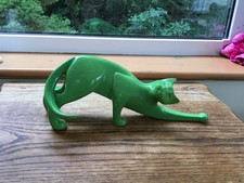Vintage Large Royal Dux Stretching Cat Rare Green Colour - Signed Koruka -Superb