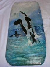 SCOTTISH OIL ON SLATE PAINTING OF 2 KILLER WHALES /ORCA BY JOSEPHINE McSKIMMING