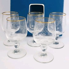 5 x wine glasses 18 carat gold rim 18cl etched floral vintage boxed 