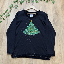 VINTAGE CHRISTMAS JUMPER SIZE S M BEADED SEQUIN XMAS TREE QUACKER FACTORY (xj42)