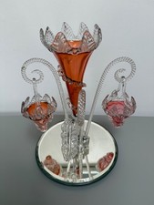art deco apricot  glass leaves mirrored epergne posy vases