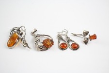 Sterling Silver Amber Jewellery Foliate Vintage Carved Statement x 4 (23g)