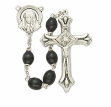 OVAL BLACK WOOD BEADS AND MADONNA CENTER ROSARY CROSS CRUCIFIX NECKLACE