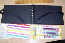 8x6 Paper Scrapbook Photo Album Book Spiral Bound Ribbon Tie + Pens Stickers
