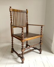 Antique 19th Century Arts & Craft Barley Twist, With Leather Seat, Carver Chair