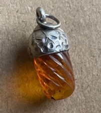 Vintage sterling silver carved Rare Real Amber acorn charm lucky love pendant
