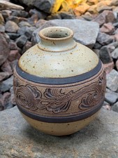 Studio Art Pottery Vase Hand Crafted Stoneware Incised Design/Band Small Opening