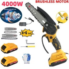 2 Batteries 4/6'' 4000W Mini Cordless Chainsaw Electric One-Hand Saw Wood Cutter