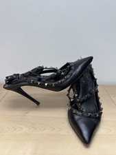 Valentino Garavani Rockstud Black Leather Ankle Strap Heels Pump, S 38 1/2, 38.5