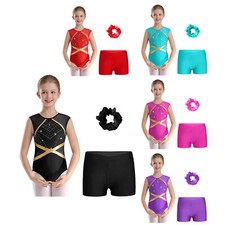 Kids Girls Dance Gymnastics Leotard Rhinestone Bodysuit with Shorts Hair Tie Set