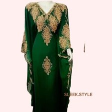 Kaftan Women Moroccan Dubai Green Farasha Handmade Fancy Long Gown Abaya Dress
