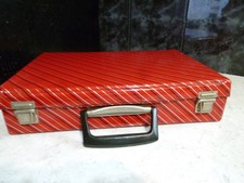 VINTAGE 1980s VINYL CASSETTE TAPE STORAGE BOX 32 TAPES RED  WITH B/W STRIPES