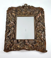 ANTIQUE BRONZED COPPER REPOUSSE PUTTI CHERUB MIRROR PHOTO PICTURE FRAME