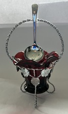 Cranberry Glass & Chrome Sugar ~ Jam Bowl ~ Pot with spoon  VINTAGE