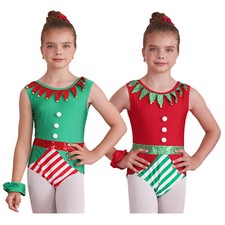 UK Girls Christmas Costume Elf Gymnastics Dance Leotard with Headband Outfits