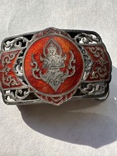 Sterling Silver Siam Niello Thailand Thai Buddha Buddhist Nos Vtg Belt Buckle