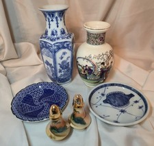 Job Lot Oriental Porcelain 2 Plates 2 Vases & 2 Hand Painted Noritake Condiments