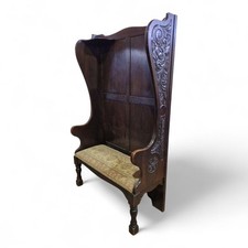 Antique carved panel oak high back tavern settle - hall bench - monks bench
