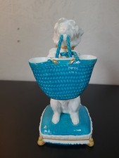 Antique Brownfield Dog with Turquoise Basket – Victorian Posy Holder c.1870