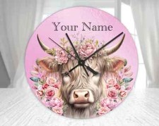 Personalised Highland Cow Clock, Glass Wall Clock, Highland Cow Gift For Women