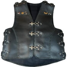 Vintage Black Leather Biker Vest Waistcoat Studded Buckle Strap HOG Pins 42"