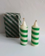 Vintage Green White Candles X 2 Candy Cane Striped Stubby 40s 50s Christmas 