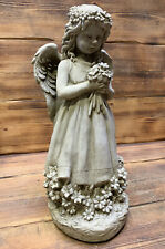 STONE GARDEN LARGE WINGED ANGEL CHERUB WITH FLOWERS STATUE ORNAMENT