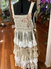 WHITE BEIGE TAUPE MAGNOLIA ROSE EMBROIDERED COTTON & LACE RUFFLED APRON DRESS