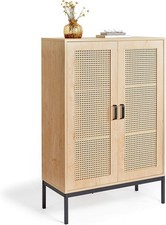 VonHaus Rattan Sideboard Cabinet Tall Wicker Storage Unit Light Wood Effect