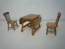 VINTAGE DOLLS HOUSE FURNITURE WOODEN HANDMADE PINE DROP LEAF TABLE WITH 2 CHAIRS