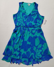 Nine West Mini Dress Womens L Sleeveless Smocked Waist Chiffon V-Neck Green Blue