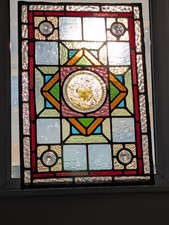 Decorative Victorian  Hand Painted  Stained Glass Window Panel