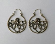 Unusual Vintage Hoop Earrings Gold Plated Octopus Steampunk Pirate Statement