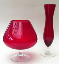 Red Glass Vases x 2 - Balloon Brandy + Tall Narrow Vintage