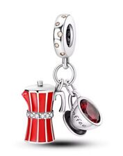 Red Italian Coffee Machine And Coffee Cup Charm Silver 925 Pendant For Bracelet