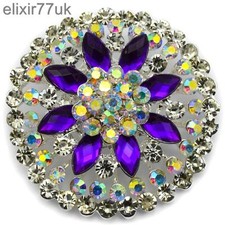 NEW LARGE SILVER FLOWER BROOCH PURPLE DIAMANTE CRYSTAL WEDDING BRIDAL BROACH  UK
