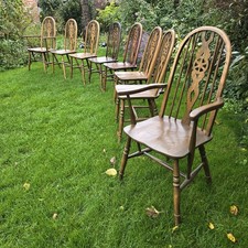 Set Of 8 Antique Oak Dining Chairs, Wheel Back With Carvers